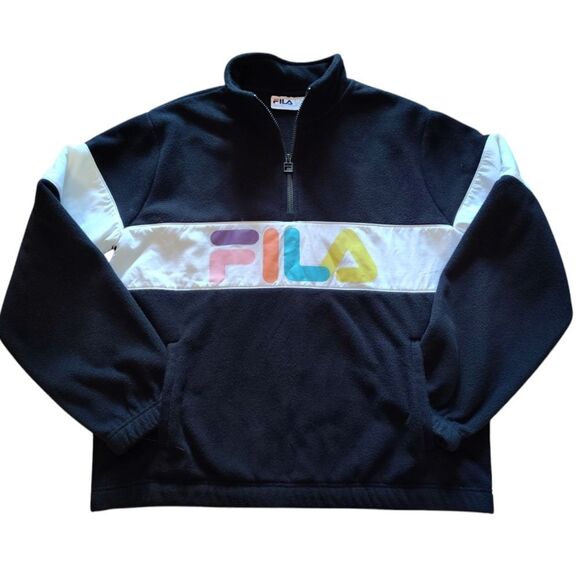 FILA Black Colorful Logo Panel Quarter Zip Pullover Fleece Sweater Large - Picture 5 of 13